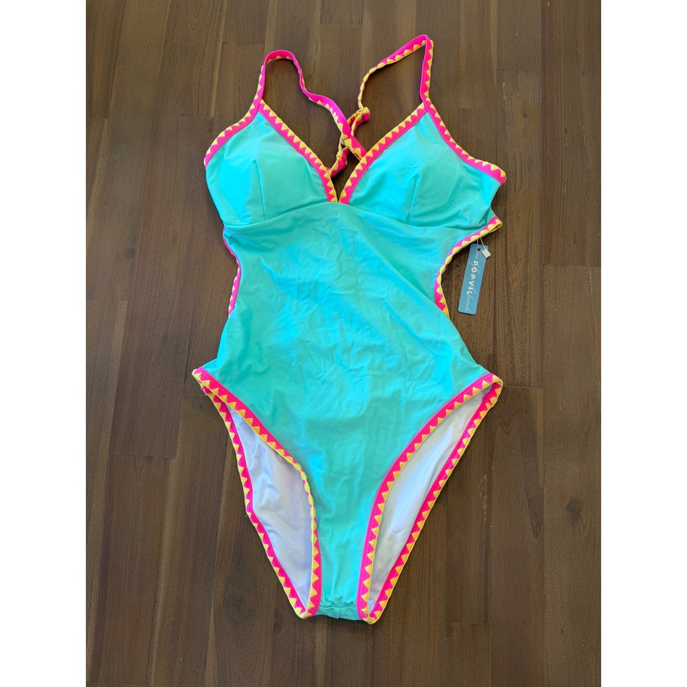 Turquoise One-Piece Swimsuit with Pink Trim